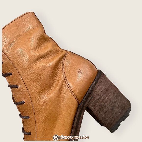 Frye Karen Cognac Tan Leather Combat Lace Up Combat Wood Block Heel Ankle Boot - Picture 13 of 16